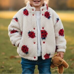 Konges Sløjd Jody Teddy Jacket 2Y / 2T Cream Sherpa Fleece Ladybug Print Girls